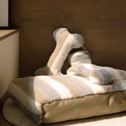 Deluxe Striped Plush Calming Bed Dog Bed with Pillow